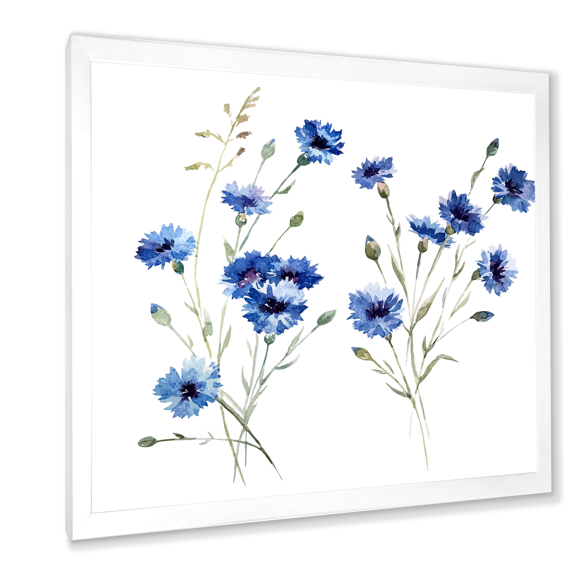 Designart 'Blue Cornflowers With Green Leaves On White III' Traditional Framed Art Print