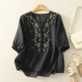 thumbnail image 2 of UAMVSH Women 3/4 Sleeve Shirts Loose Fit Cotton Linen Casual V-Neck Tops Trendy Embroidered Lightweight Blouses Summer Fall(Large,Navy), 2 of 7