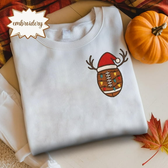 Christmas Football Shirt Embroidered Reindeer Santa Hat Customized Name T Shirt Holiday Gift for Friends Family Coworkers, Football Gameday