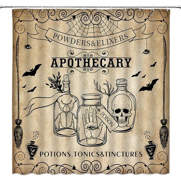 shiyou-Vintage Halloween Shower Curtain Apothecary Gothic Skull Skeleton Palmistry Horror Magic Spooky Witchcraft Bat Magical Witch Wicca Potions Fabric Bath Curtain Set with Hook
