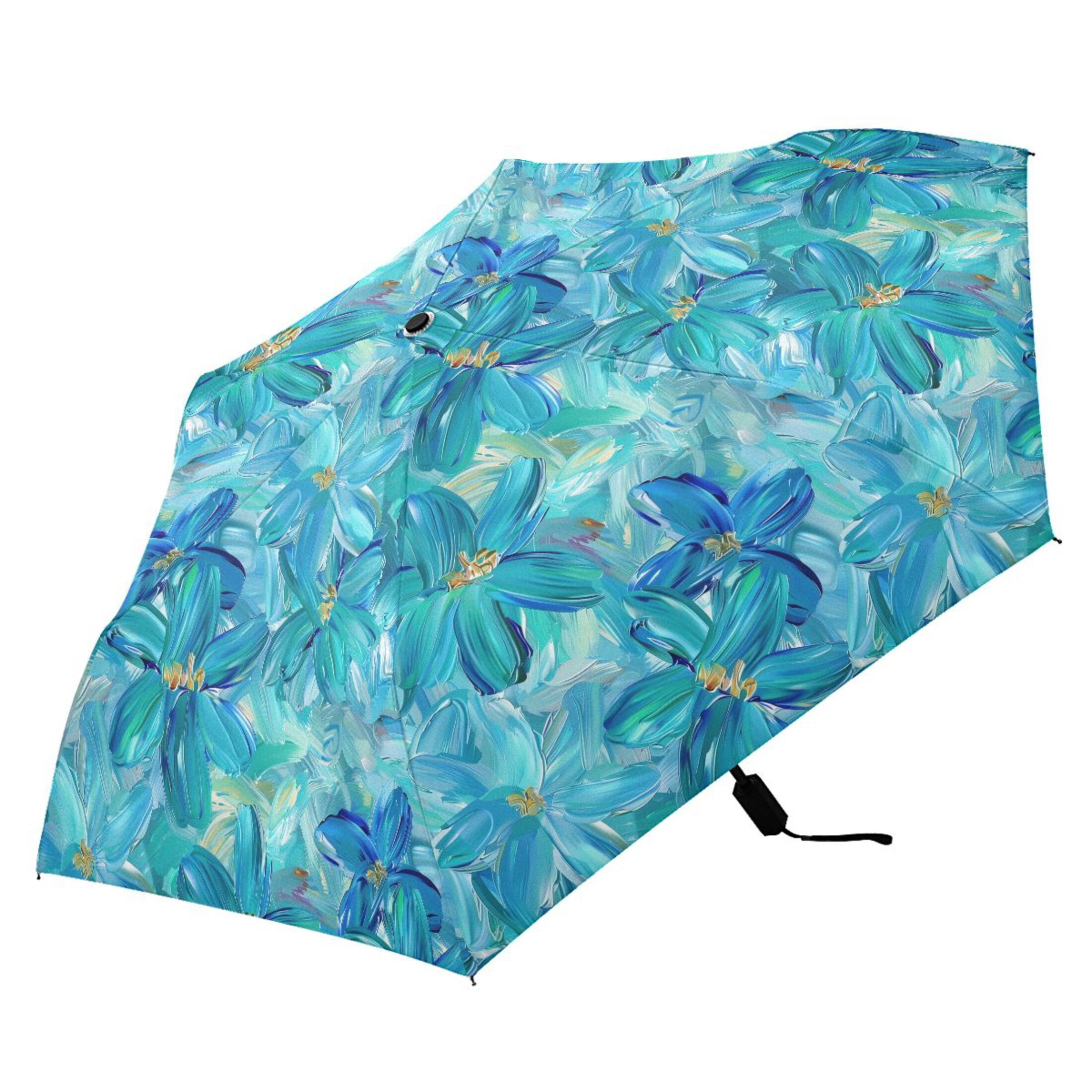 Turquoise and Blue Flowers Compact Sun Umbrella Windproof Travel Umbrellas for Rain Strong Portable UV Protection
