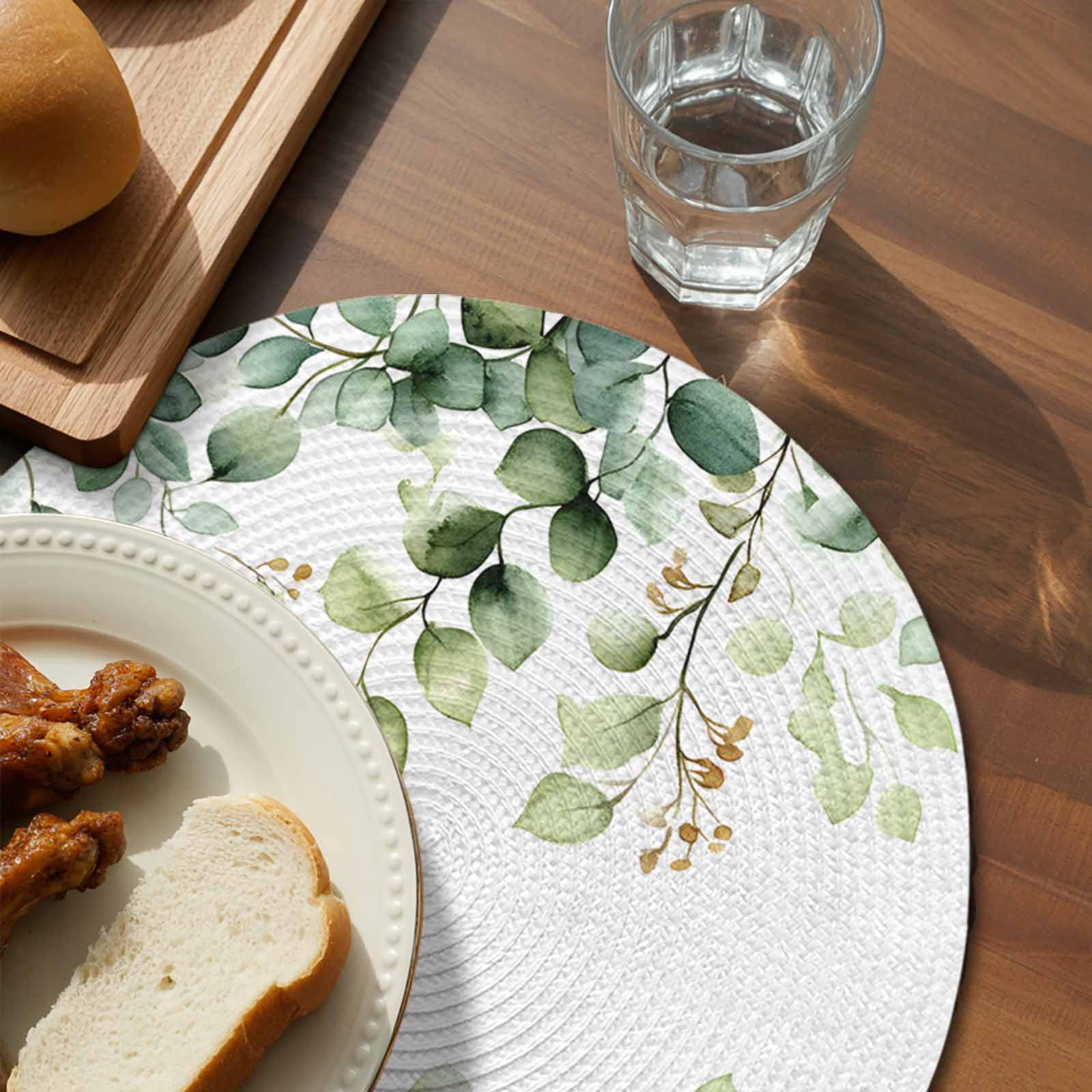 Eucalyptus Round Placemats Set of 8 for Dinning Tables,Heat-proof Braided Table Mats 15 Inch,Sage Green Brown Leaf Boho Minimalist White Washable Place Mat for Kitchen Restaurant Party Table Decor