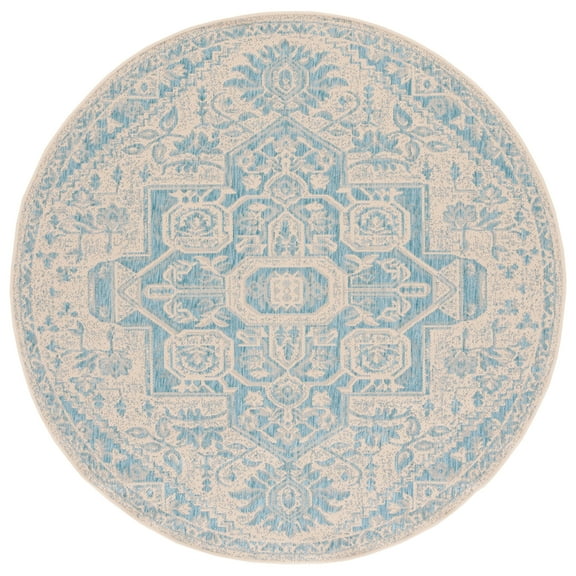 SAFAVIEH Beach House Jose Geometric Indoor/Outdoor Area Rug Aqua/Cream, 6'7" x 6'7" Round
