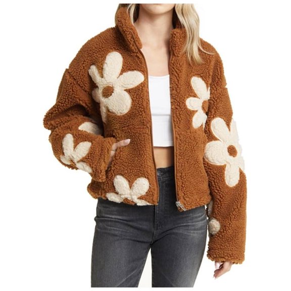 Womens Floral Print Fleece Jackets Winter Zipper Cropped Coat Casual Long Sleeve Outwear With Pockets