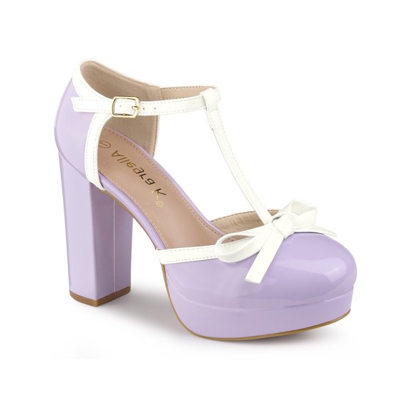 BLISSFUL STEP Valentine's Women's Platform T Strap Bow Vintage Block Heels Pumps Purple 8