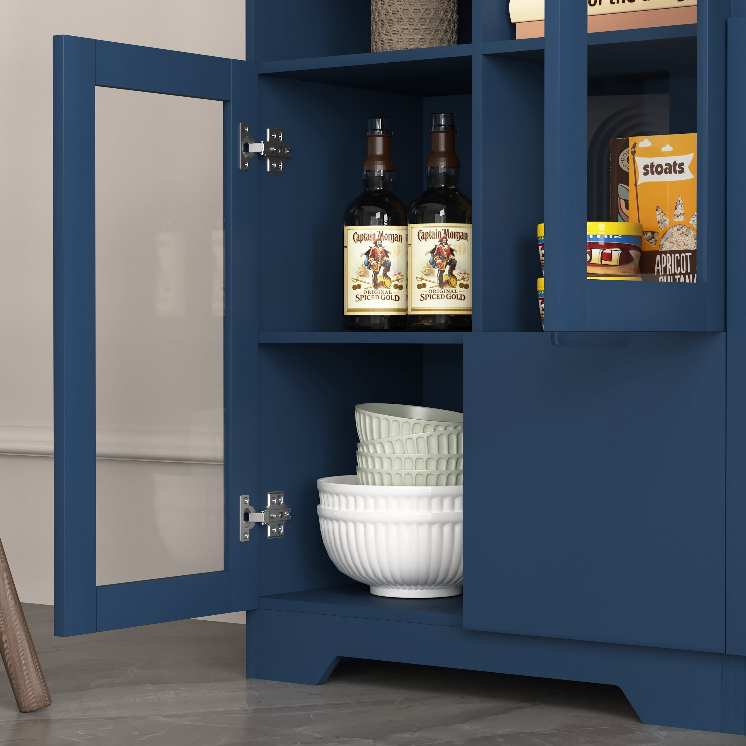 MAYEERTY White MDF Cabinet with Glass Doors & Drawer, Modern Storage Cabinet for Living Room & Bedroom, Blue