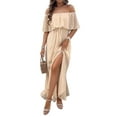 thumbnail image 2 of Women'S Off Shoulder Dot Maxi Dress Ruffle Corset Tassel High Waist Sundress Split Solid Casual Long Dress Apricot M, 2 of 8
