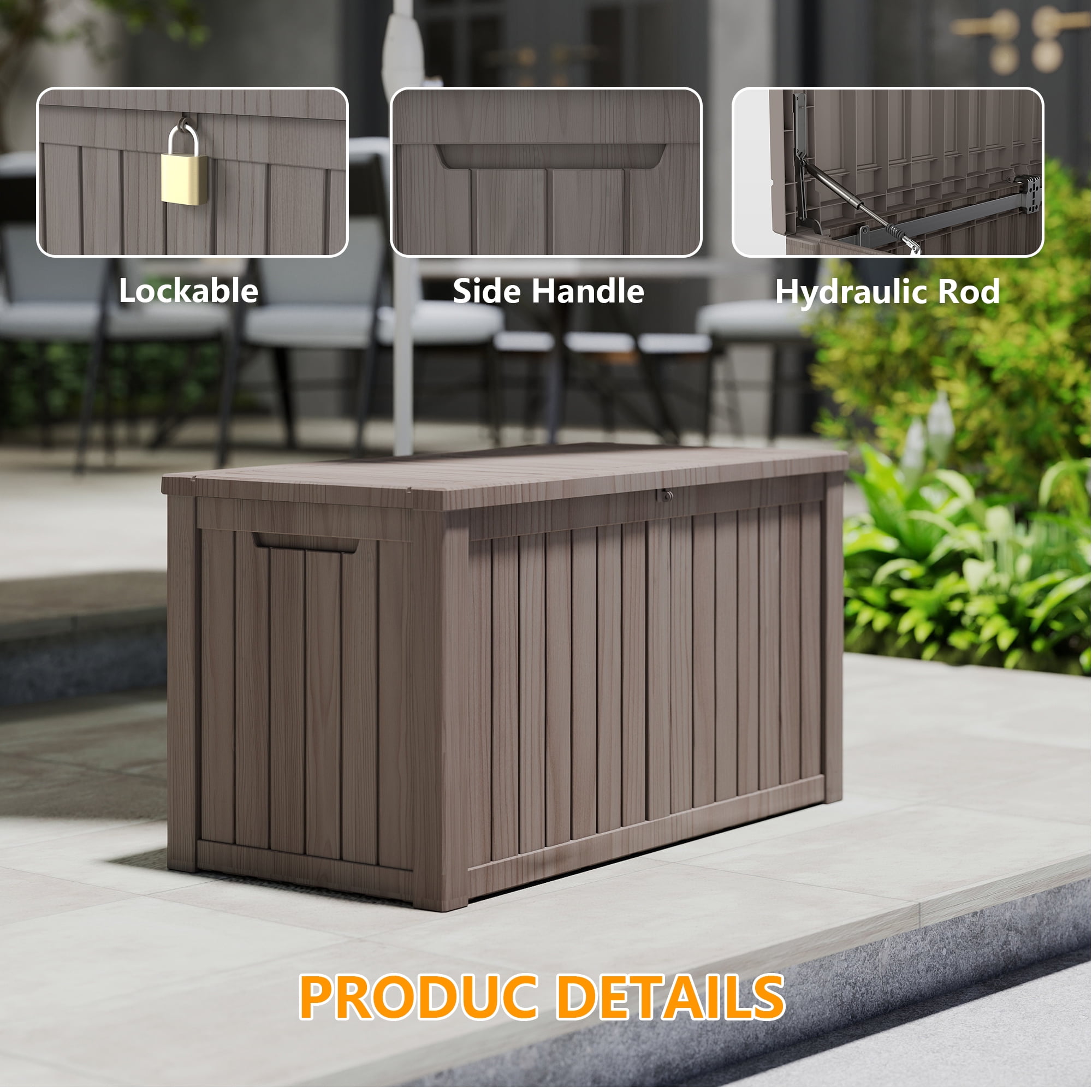 Decksplore 150 Gallon Outdoor Storage Box Waterproof Lockable Resin Deck Box, for Pool Accessories, Tools Storage, UV-Resistant Outside, Brown