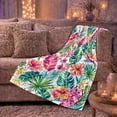 thumbnail image 6 of Pink Hibiscus with Fan Palms and Teal Leaves, Cheerful Tropical Style for Flower Lovers, Island Blossom Canopy and decorative theme Gift, Cozy Flannel Blanket for Sunroom and Bedroom, Home Decor, 6 of 9