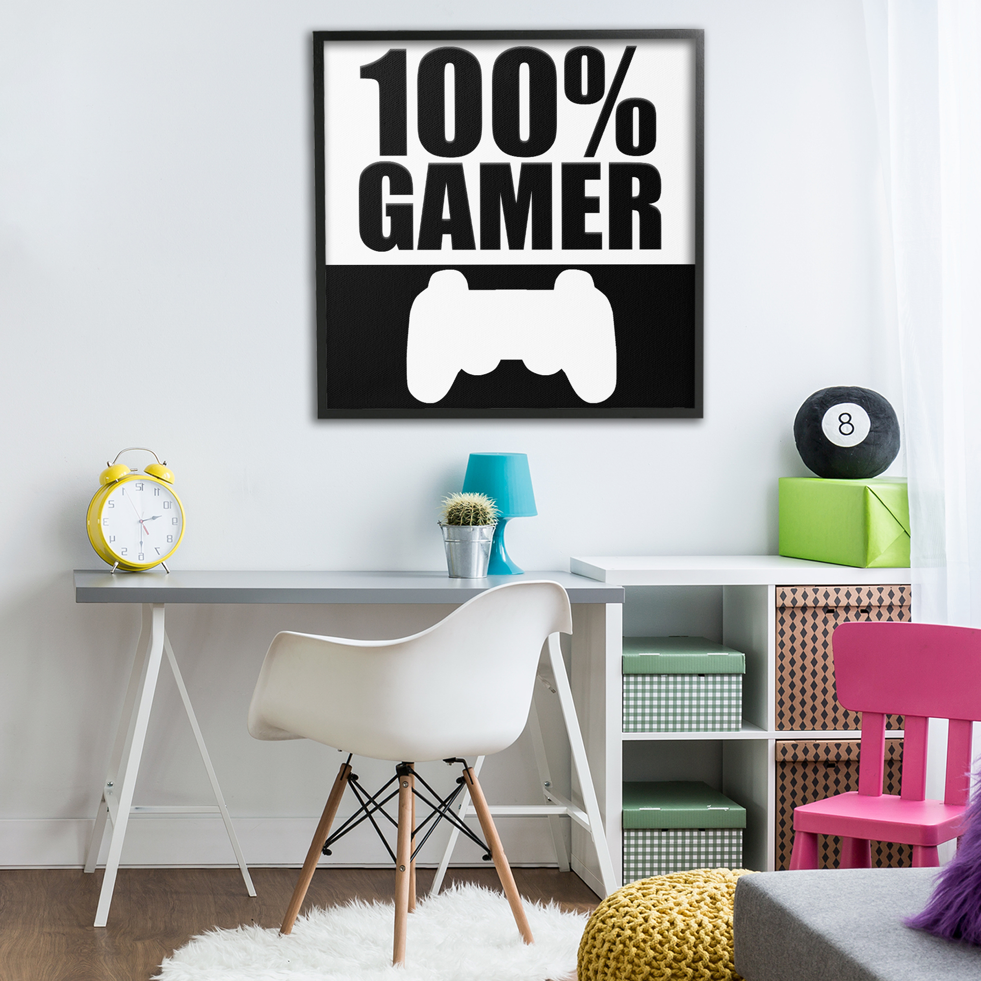 100% Gamer Black & White Black Framed Giclee Art, design by Kim Allen