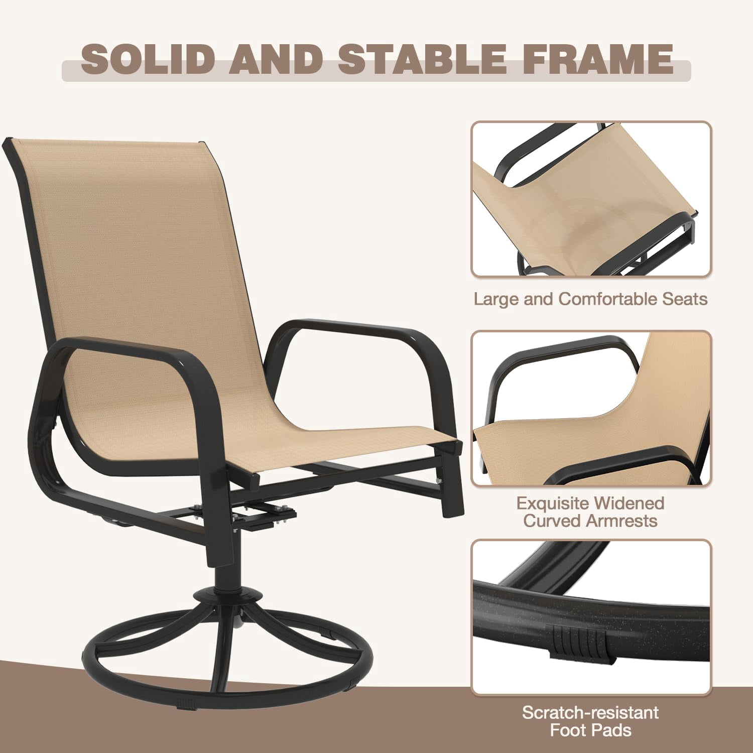 MELLCOM Patio Swivel Chair Set of 2, High Back Textilene Outdoor Dining Chairs with E-Coating Metal Frame, All-Weather Outdoor Furniture Rocker for Backyard, Porch, Garden, Lawn, Beige