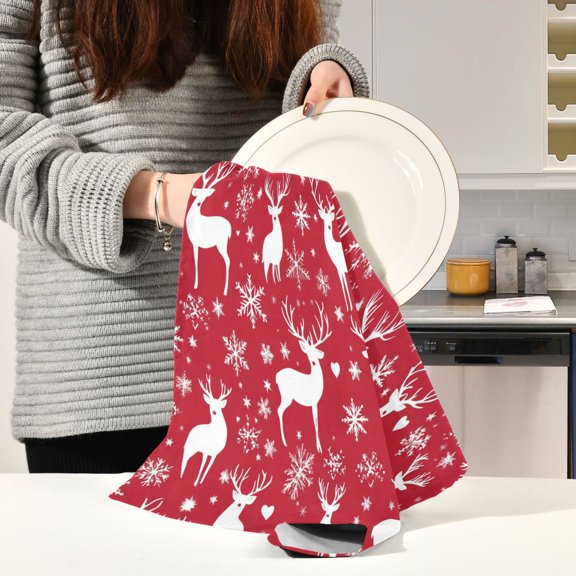BZSMCE Kitchen Towels Creative Snowflake and White Reindeer Pattern Pattern Durable Kitchen Towel
