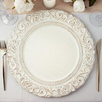 BalsaCircle 24 Antique White 14" Metallic Acrylic Wooden Textured Round Baroque Plastic Charger Plates