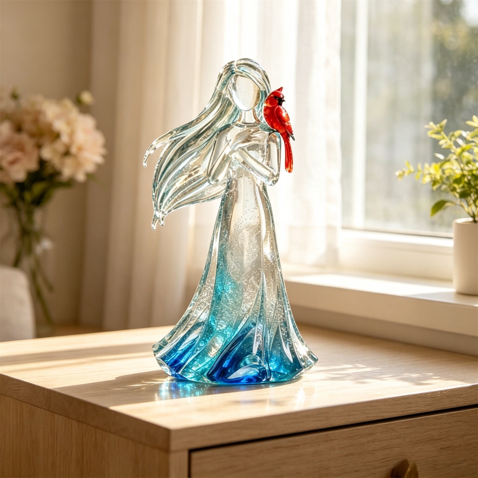 Clear Resin Guardian Angel Figurine with Red Bird Remembrance Statue with Protective Design Desk Ornament for Offices Shelves and Tables Sympathy Gift for Women Friends and Loved Ones