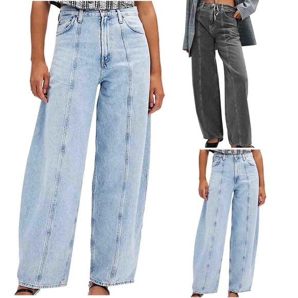 Yourumao Wash Straight Leg Jeans for Women High Elastic Waisted Wide Leg Jeans Baggy Denim Pants Streetwear Jeans with Pocket