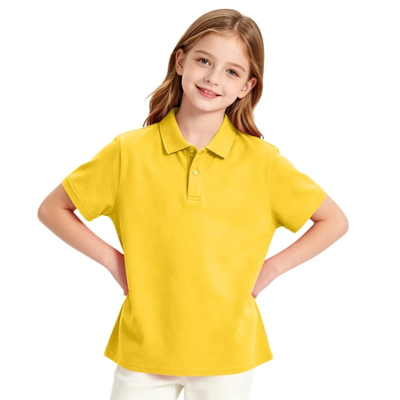 Girls Short Sleeve Pique Polo Shirts Kids School Uniform Golf Shirts Yellow 150