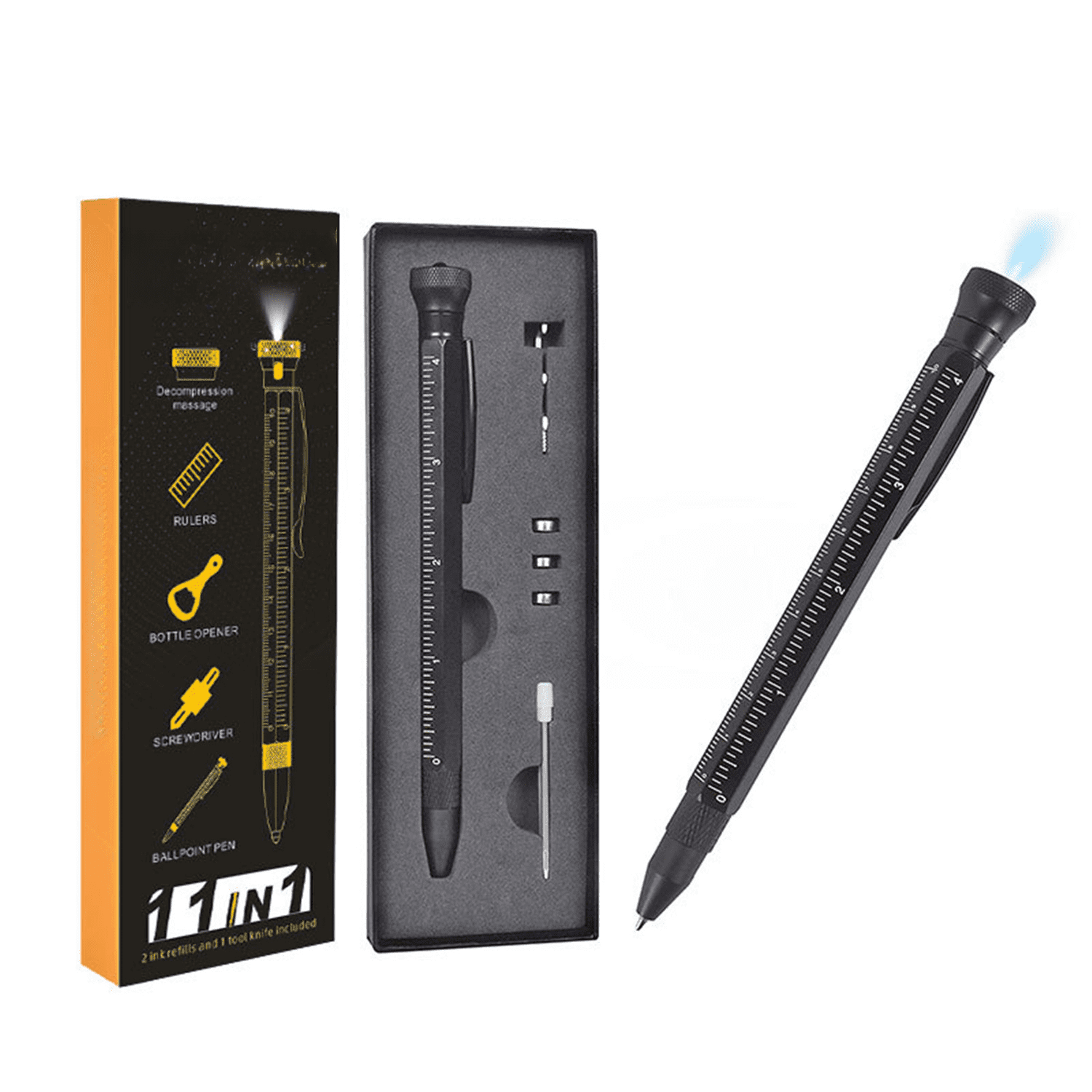 12 in 1 Multifunctional Ballpoint Pen, Metal Multi-Tool Pen with LED Light, Bottle Opener, Screwdriver, Ruler, Portable Pocket Tool Pen Gift for Men Dad Husband Grandpa Birthday Father's Day