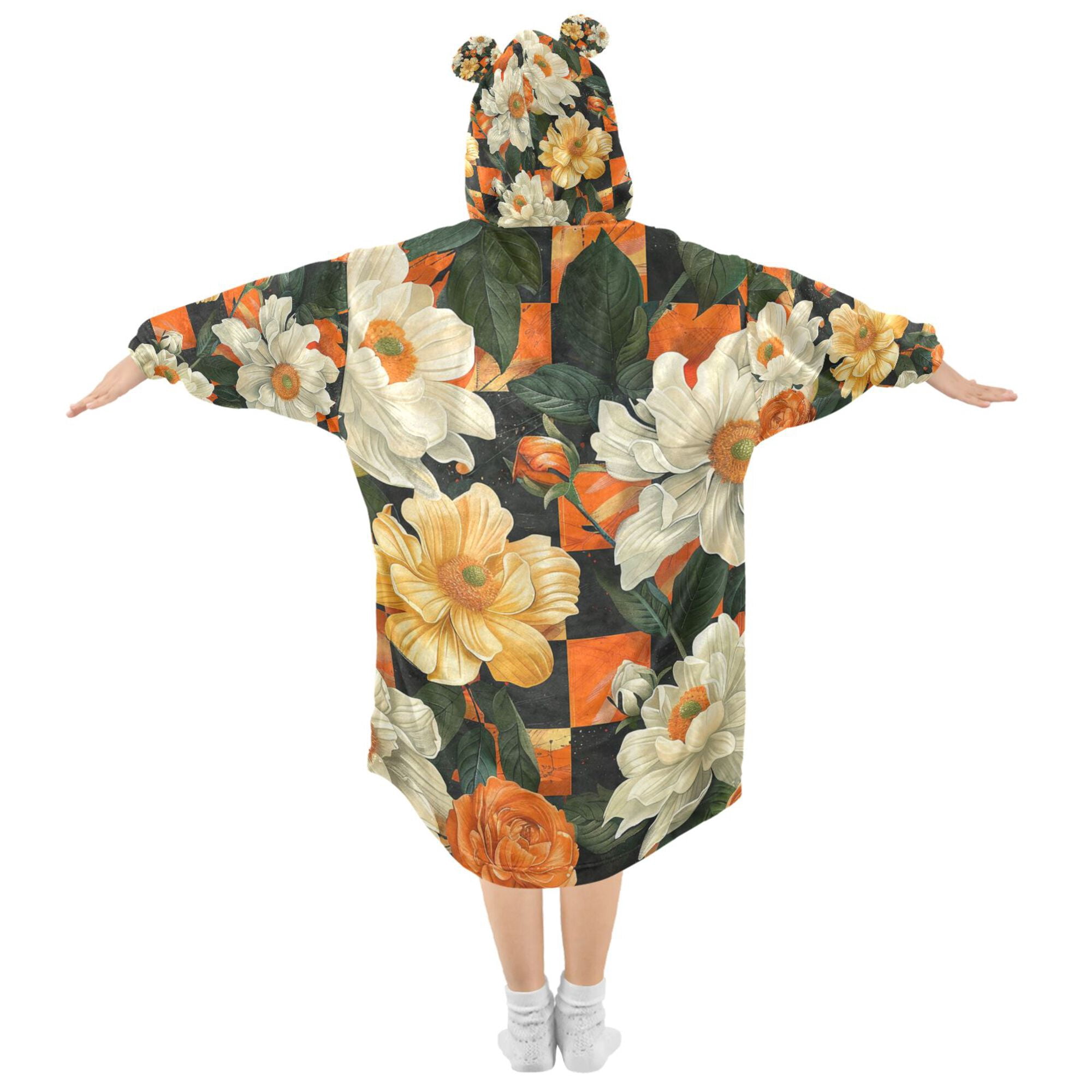 FORMRS Wearable Blanket Hoodie with Sleeves for Kids Cozy Flannel Sweatshirt, Bright Floral