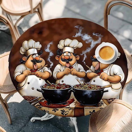 Fun Chef Food Kitchen Cooking Round Fitted Tablecloth with Elastic Edge Waterproof Table Cloth Fits Tables Up to 36 -44 Wipeable Washable Table Cover for Indoor Outdoor Dinning Black White Checked