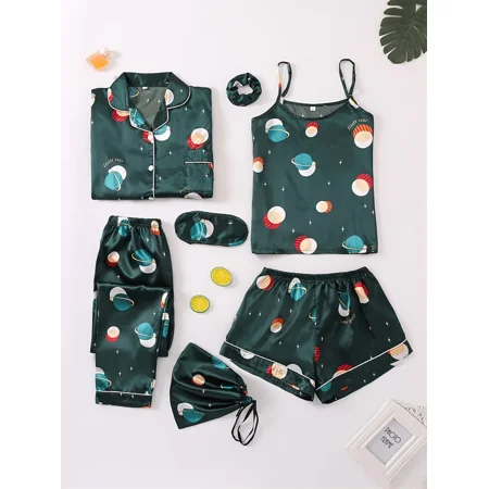 

Women‘s Planet Pattern Satin Multi-functional Pajamas Long-sleeved Tops Trousers Vest Shorts Eye Mask Turban Bag Bag Set