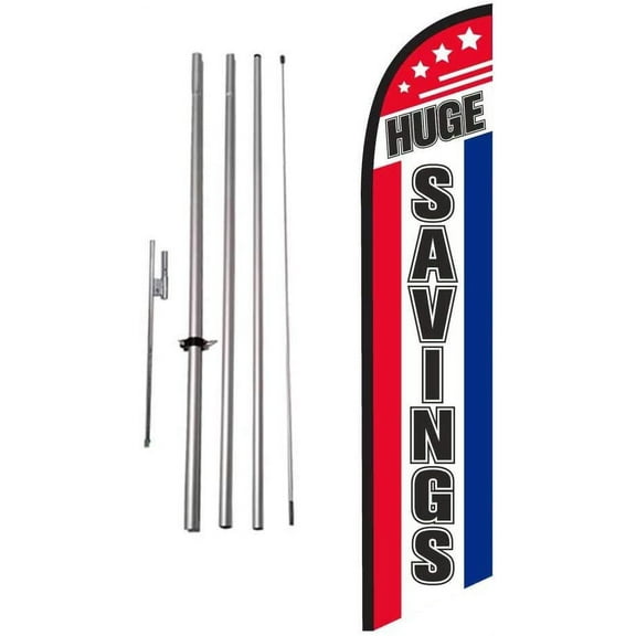 Huge Savings Advertising Feather Banner Swooper Flag Sign with 15 Foot Flag Pole Kit and Ground Stake