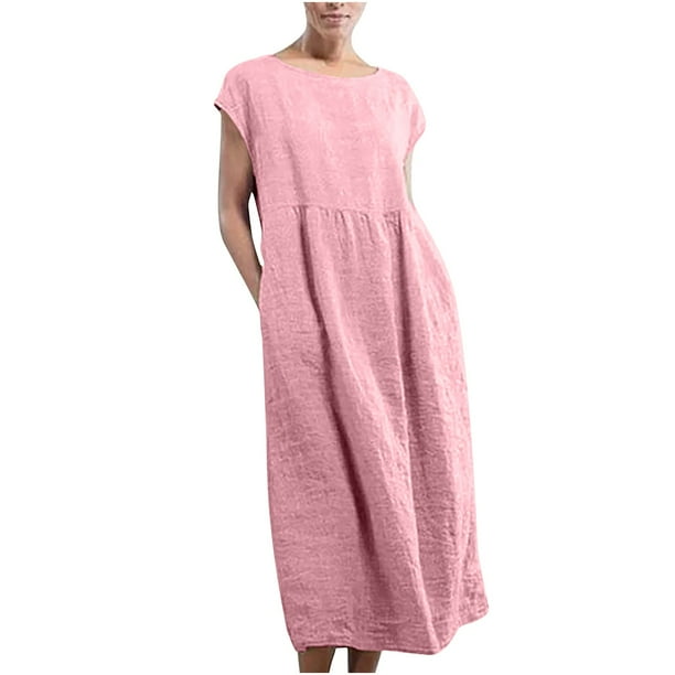 TopLLC Vestidos de verano para mujer,Vestido largo para mujer,Vestido largo de algodón con cuello redondo, sin mangas, cuello redondo, estilo retro, talla grande,Vestidos de verano para mujer,Pink,M