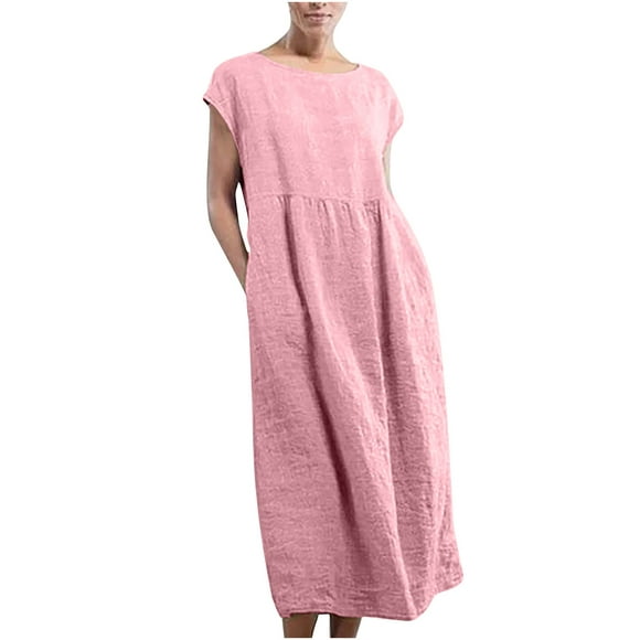 TopLLC Summer Dresses for Women, Robe Maxi pour Femme, Col Rond en Coton Sans Manches Rétro Taille Été Robes, robes de Soleil pour Femme