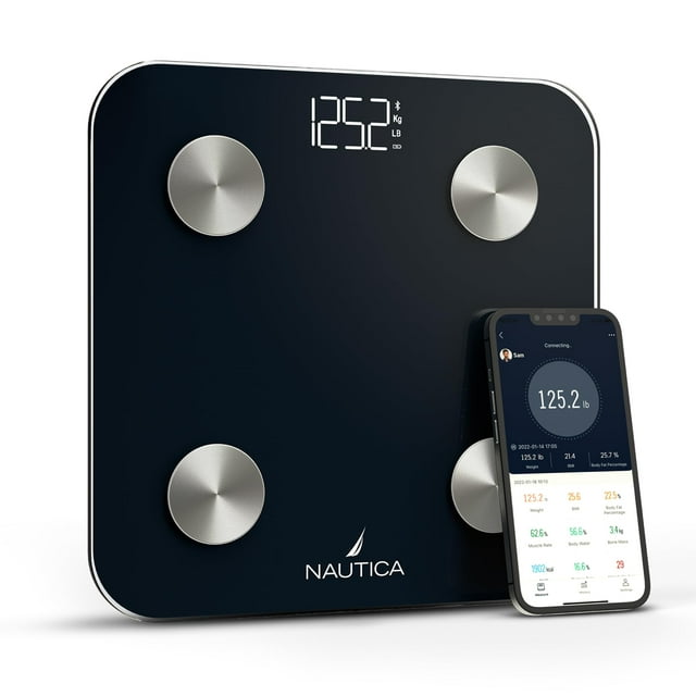 Báscula de baño digital Nautica Body Tracker, báscula inteligente con Bluetooth, IMC, grasa corporal, seguimiento de masa muscular y más, se sincroniza con la aplicación de teléfono inteligente para s