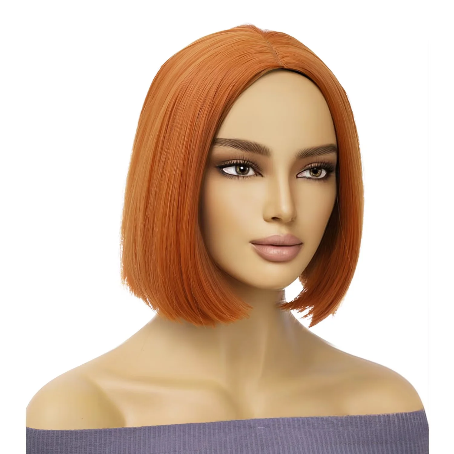 RightOn 10 Inches Dark Orange Bob Wig With Middle Part Bangs Wig for Women Girls Daily Use