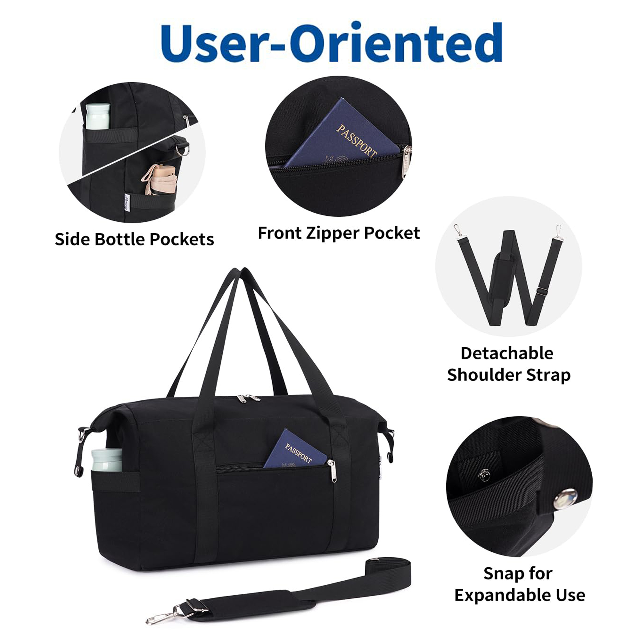 Carry on Underseat Bag Airplane Approved for Travel, Duffel Bag with Adjustable Straps & Wet Pocket for Women and Men for Weekender Gym, 30L, Black