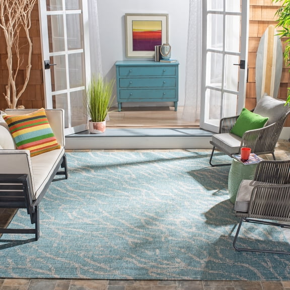 SAFAVIEH Courtyard Ruth Abstract Indoor/Outdoor Area Rug, Aqua/Grey, 8' x 10'