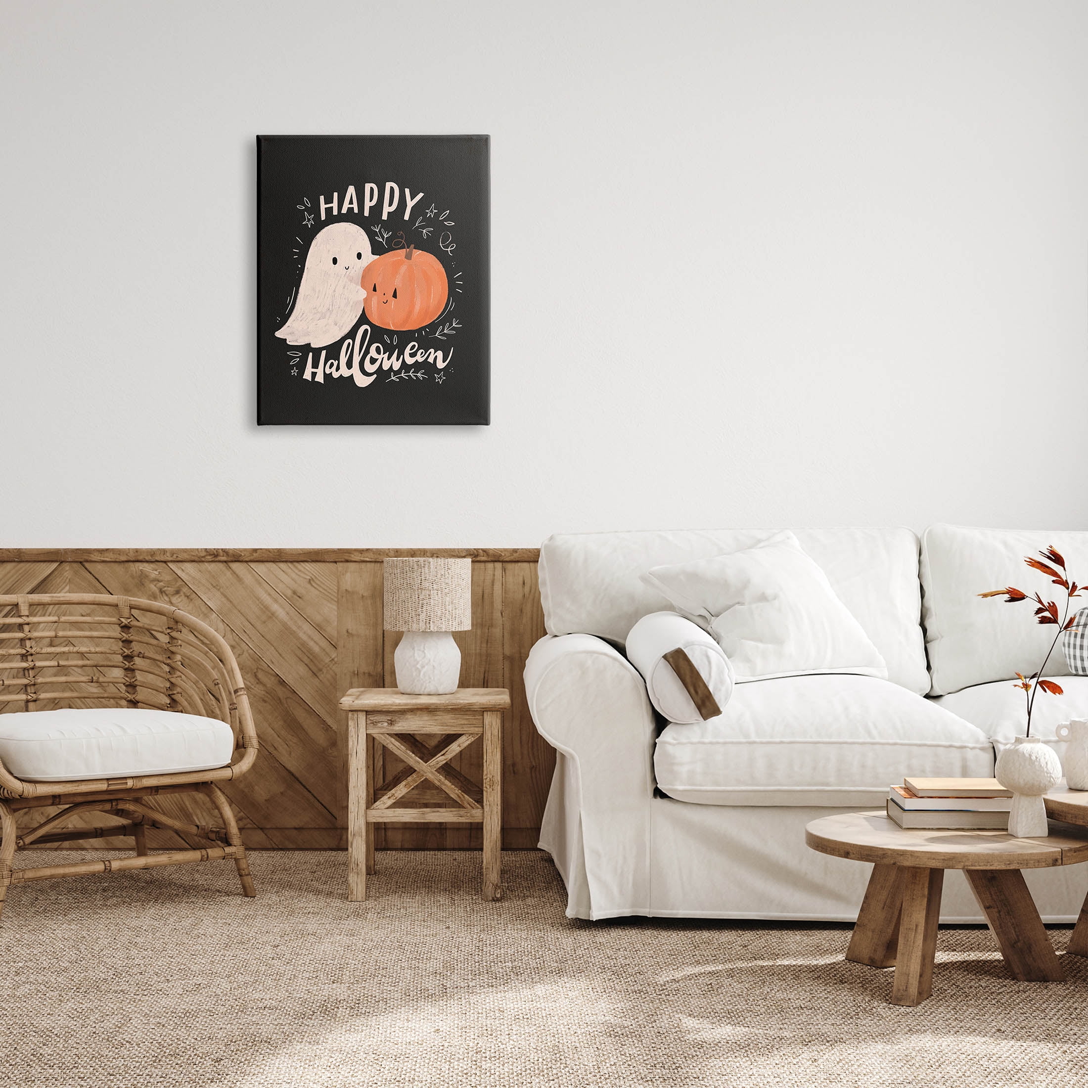 Happy Halloween Smiling Ghost Pumpkin Holiday Graphic Art Gallery Wrapped Canvas Print Wall Art