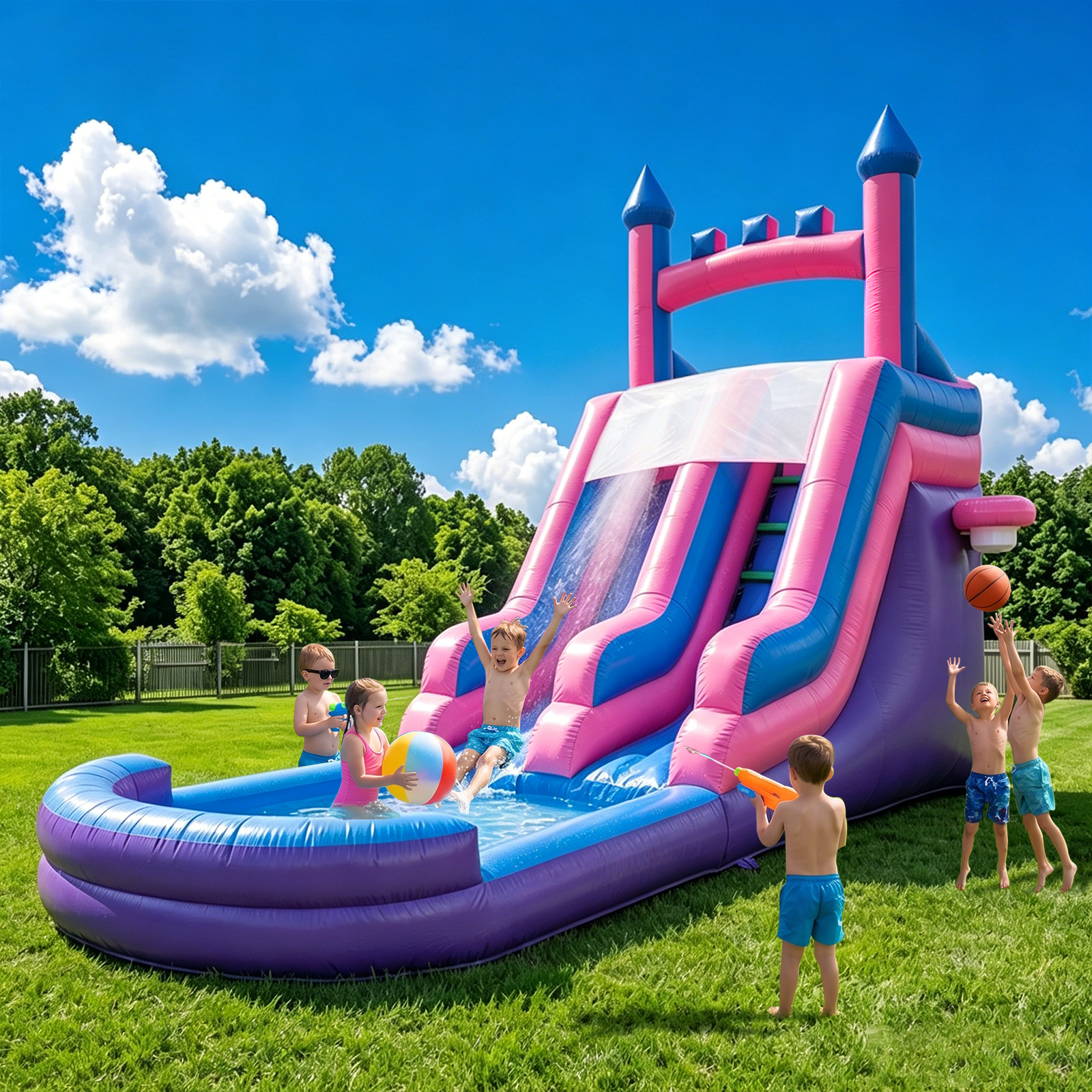 Vakiorn Inflatable Commercial Water Slide 26.2x17.4x9.8 ft 100% PVC with Pool and Air Blower Wet Dry Use Purple