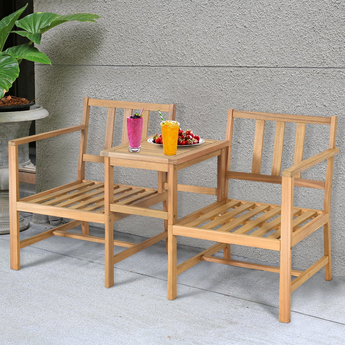 Costway 3 in 1  Patio Table Chairs Set Solid Wood Garden Furniture