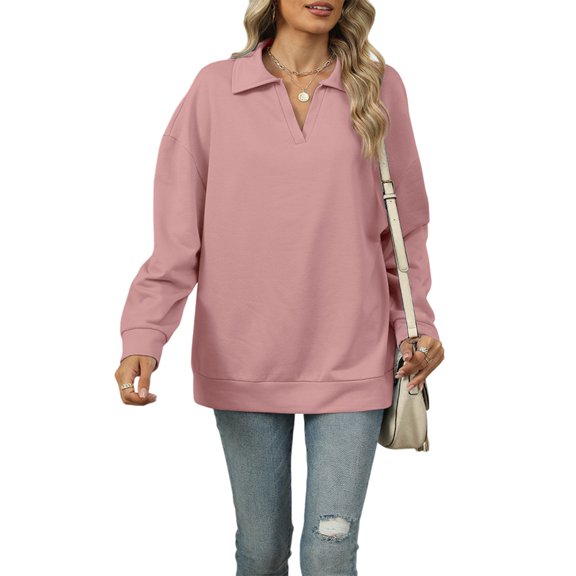 Female -Shirts Long Sleeve Banded Bottom Tops Business Casual Tops Collared V Neck Blouses Pink L