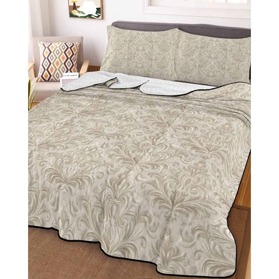 Beige Baroque Twin Size Down Alternative Comforter, Lightweight Comforter Quilt Bedding Set with Pillow Shams Farmhouse Scroll Floral Pattern Art All Seasons Bed Comforter Duvet Insert 68"x86"