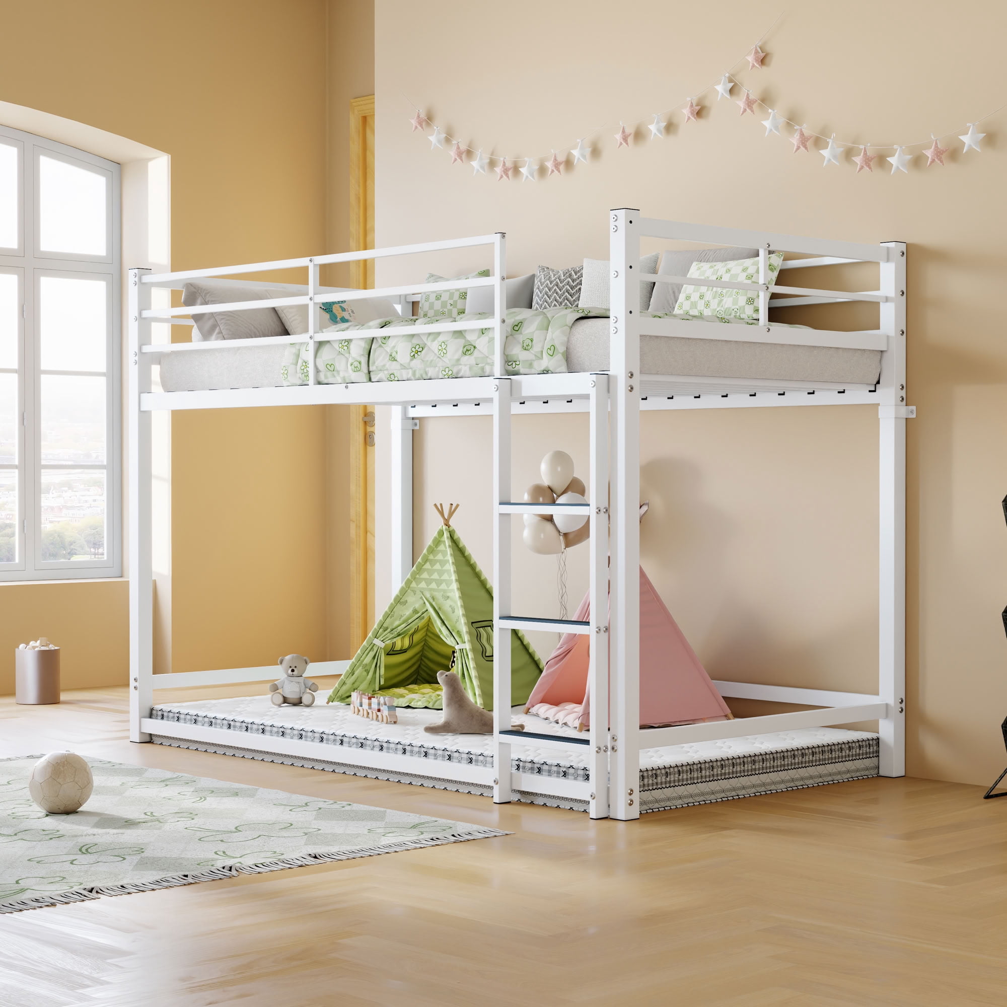 MAYEERTY Twin Over Twin Metal Bunk Bed, Low Profile Heavy Duty Bed Frame with Ladder and Guardrail