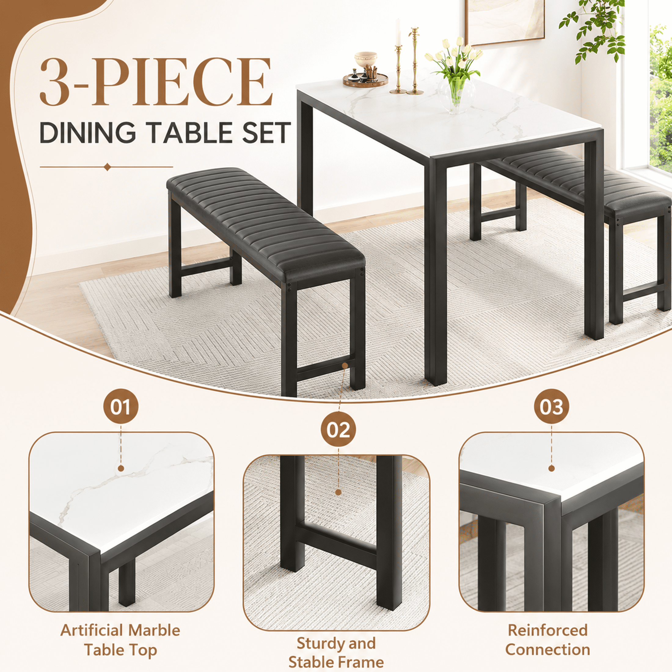UHOMEPRO Dining Table Set for 4, Kitchen Table with 2 Benches, Modern Dining Room Table Set with Metal Frame, Breakfast Nook Furniture Set for Home Cafeteria Bar Kitchen, White+Black