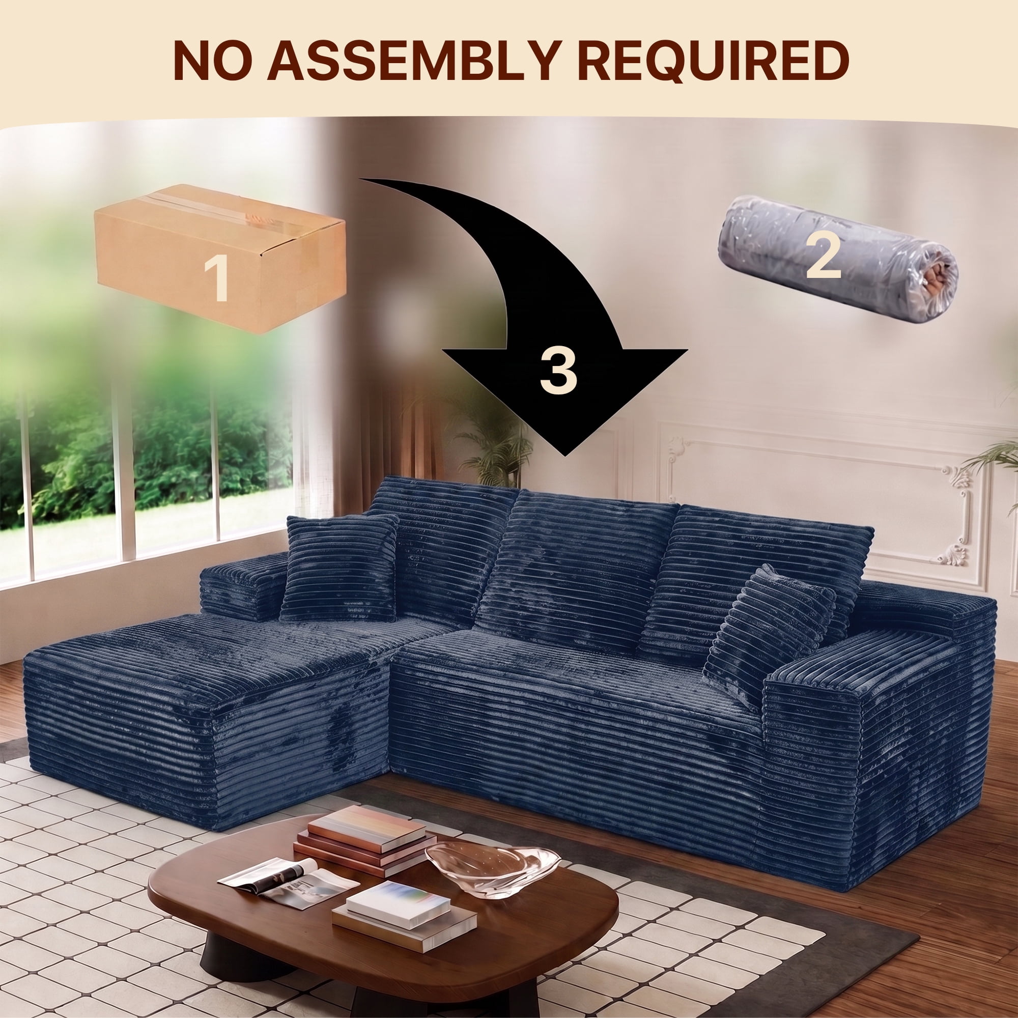 Aukfa 108" Cloud Sectional Sofa Deep Seat Boneless Couch Modular L-Shaped Couch, Left Chaise Corduroy Sofa for Living Room, Blue
