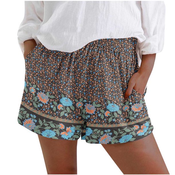 Moda Deporte Yoga Pantalones Impreso Mediados de Cintura Alta Bolsillos Activos Pantalones Cortos Pantalones Sueltos Pompotops ulkah936744
