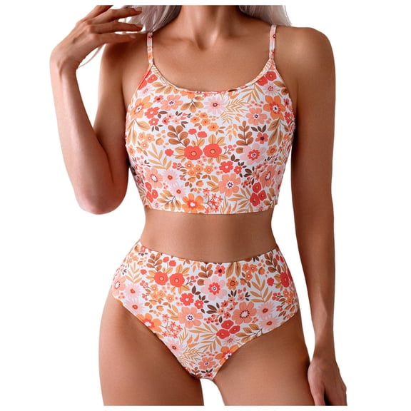 Wamejoo Women's Two Piece Swimsuit Floral Print Bikini Sets Spaghetti Straps Scoop Neck Mid Waist Cheeky Bathing Suit (Orange, XL)
