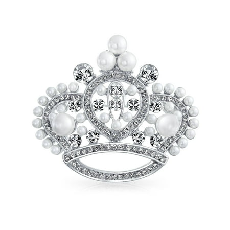 - Large Statement Fashion Crystal White Simulated Pearl Queen Princess Crown Brooch Pin For Women Rhodium Plated