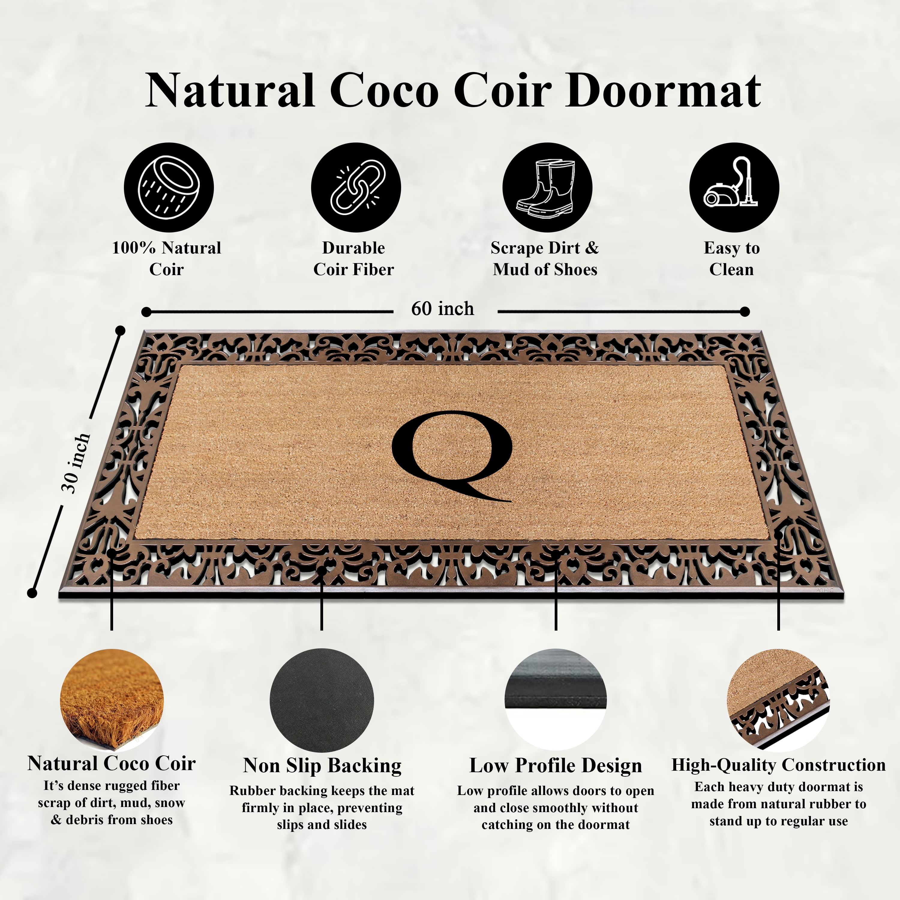 A1HC Natural Coir and Rubber Paisley Monogrammed Doormat, 30"x60", Heavy Duty Outdoor Front Door Mat, Durable Easy-Clean Bronze Rug