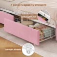 thumbnail image 2 of Full Bed Frame with LED Light & Charging Station, Modern Velvet Upholstered Platform Bed with Storage Headboard,4 Drawers, Noise-Free, No Box Spring Needed,Pink, 2 of 8