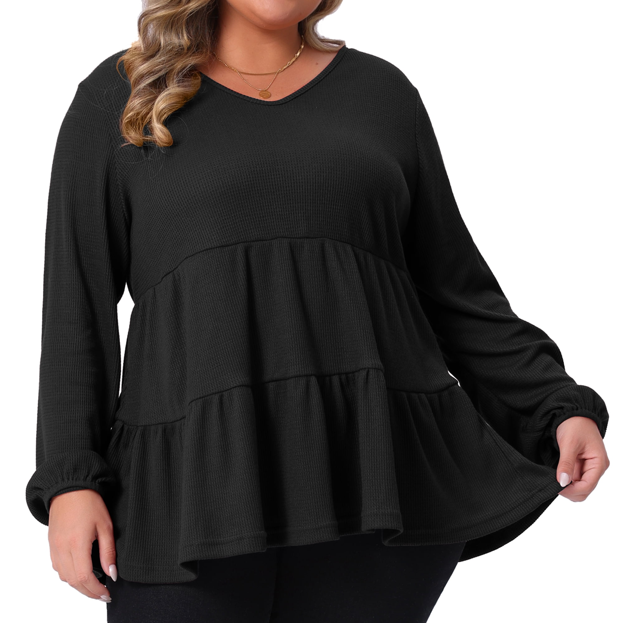 DARING DIVA Women's Plus Babydoll V Neck Ruffle Hem Peplum Blouse 4X Black