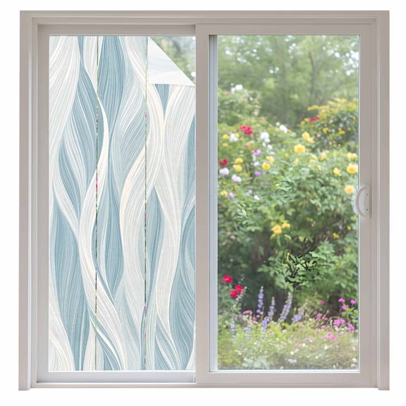 White Blue Ombre Stripe Window Privacy Film, Modern Abstract Moire Waves Static Cling UV Sun Blocking Heat Control Window Tint Day and Night, Non-Adhesive One Way Windows Privacy Cover 35.4''x78.7''