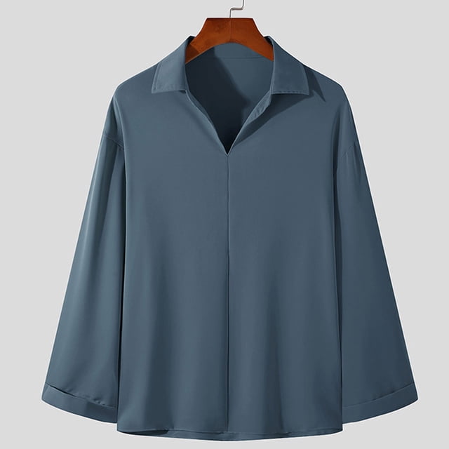 Blusas y camisas de manga larga con cuello en V para hombre, moda informal, cuello alto, camisa de manga larga, blusa con solapa para hombre