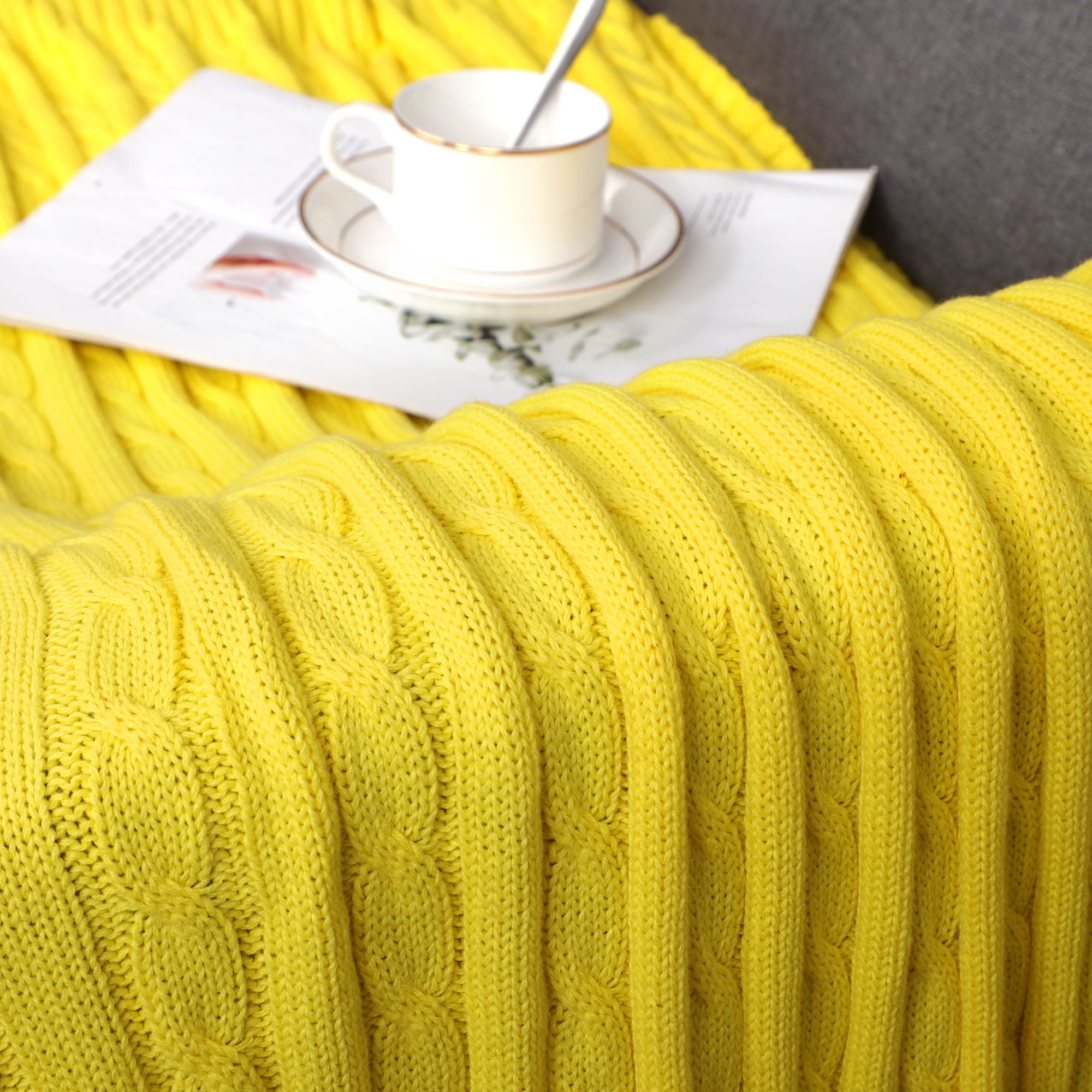 Unique Bargains 100% Cotton Cable Knit Throw Bed Blanket Yellow 51" x 59"