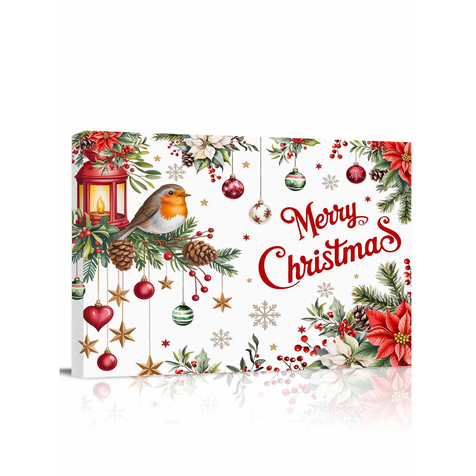 Christmas Bird Canvas Print Wall Art Framed Canvas Art Wall Decor Poinsettia Floral Holly Fruit Xmas Ball Snow Pictures Painting Morden Artwork for Living Room Bedroom Ready to Hang - 12 x16