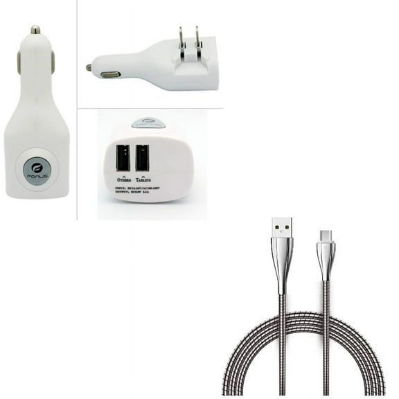 2-Port USB Car Home Charger w 6ft Metal USB Cable N7Z for LG X Charge, G Stylo, Tribute Dynasty, Optimus Fuel, Flex 2, F7 F60 F3 Exceed 2, Exalt LTE, Access LTE, 5, Volt 2, Ultimate 2, 3 Plus